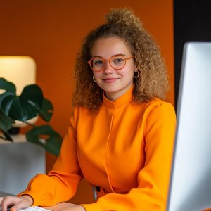 Home Nederlandse vrouw in oranje kleding demonstreert Trustflow-metrics voor SEO-autoriteit